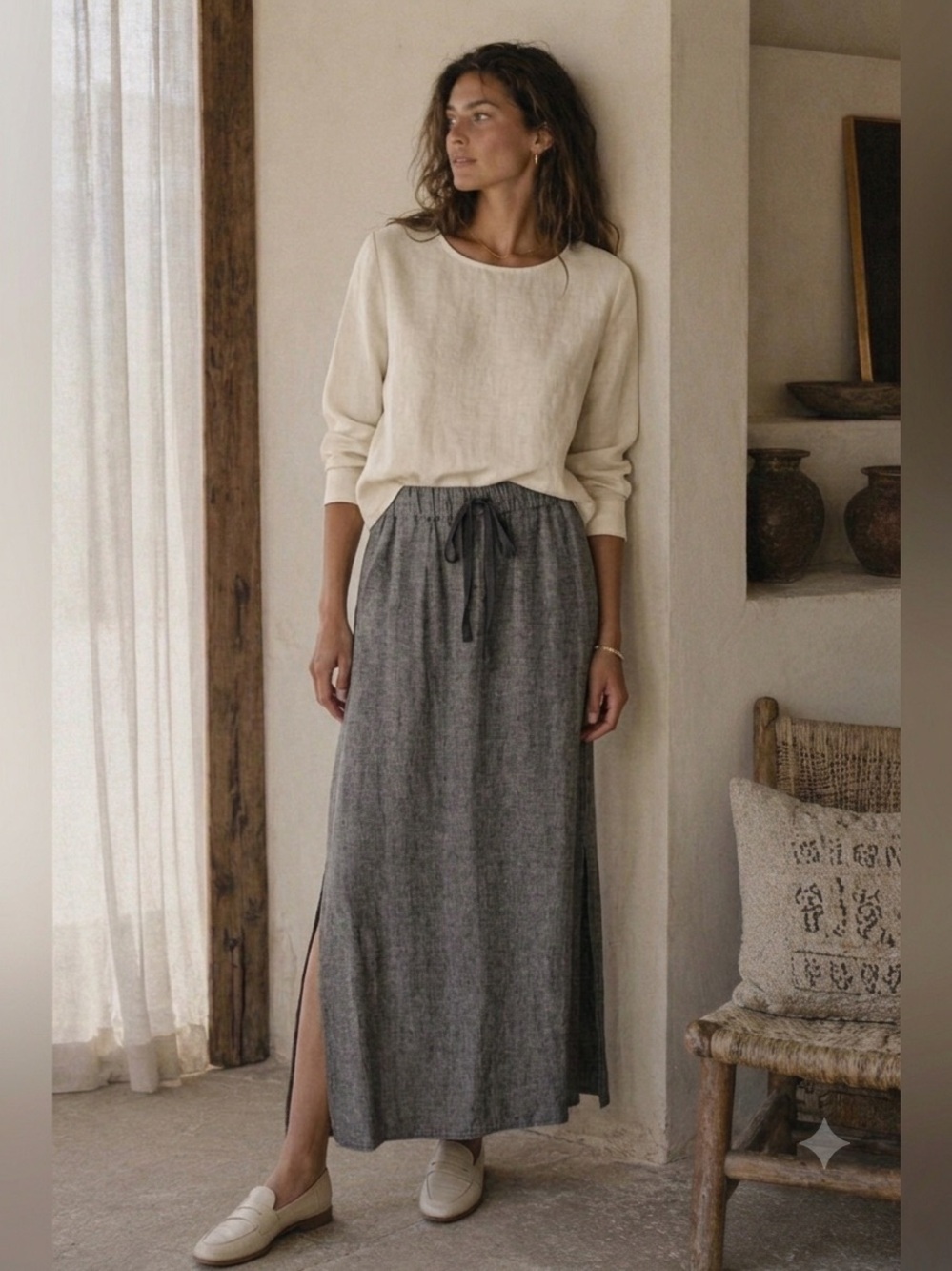 Max Studio linen maxi skirt side slits pockets drawstring waist